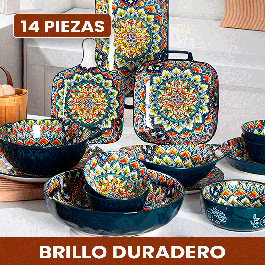 Juego de Comedor Completo en Cerámica – 14 Piezas con Estampa Elegante y Estilo Atemporal