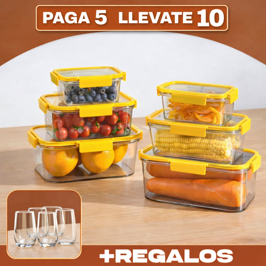 Llevate 10 y Pagá Solo 5: Frascos Herméticos de Vidrio Templado + 5 Vasos Long Drink de Regalo